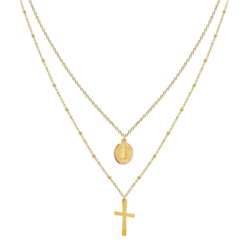 Layered Cross & Jesus Pendant Choker (Stainless Steel)