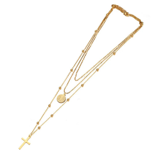 Layered Cross & Jesus Pendant Choker (Stainless Steel)