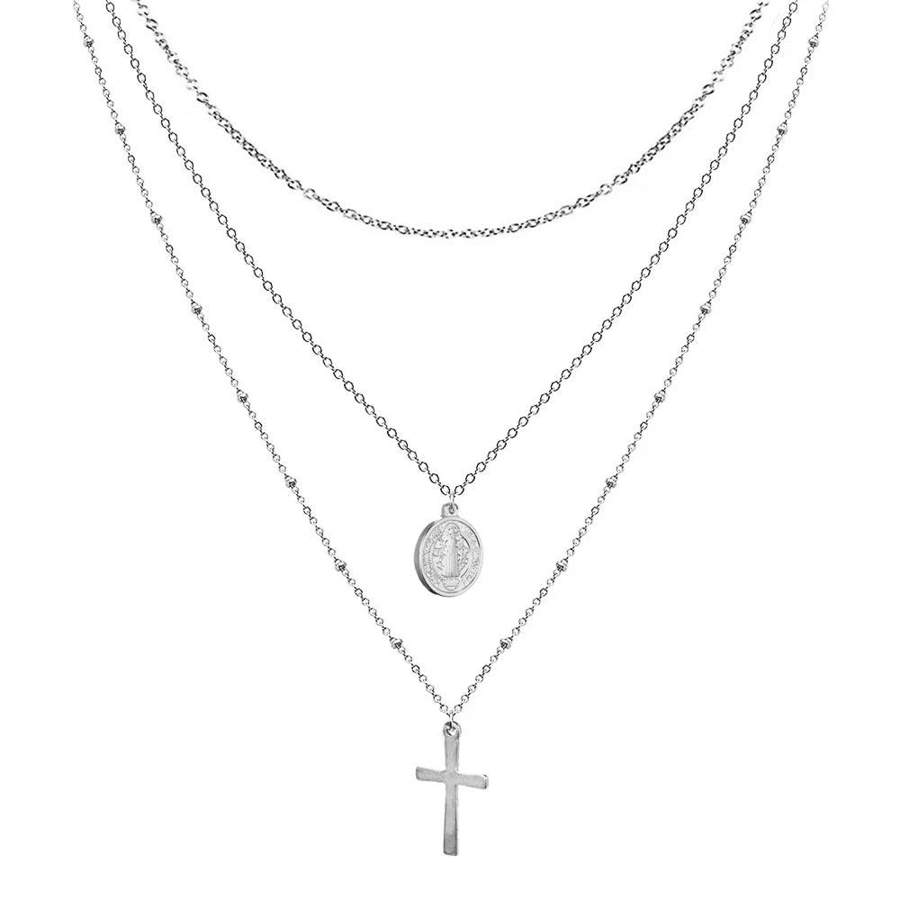 Layered Cross & Jesus Pendant Choker (Stainless Steel)