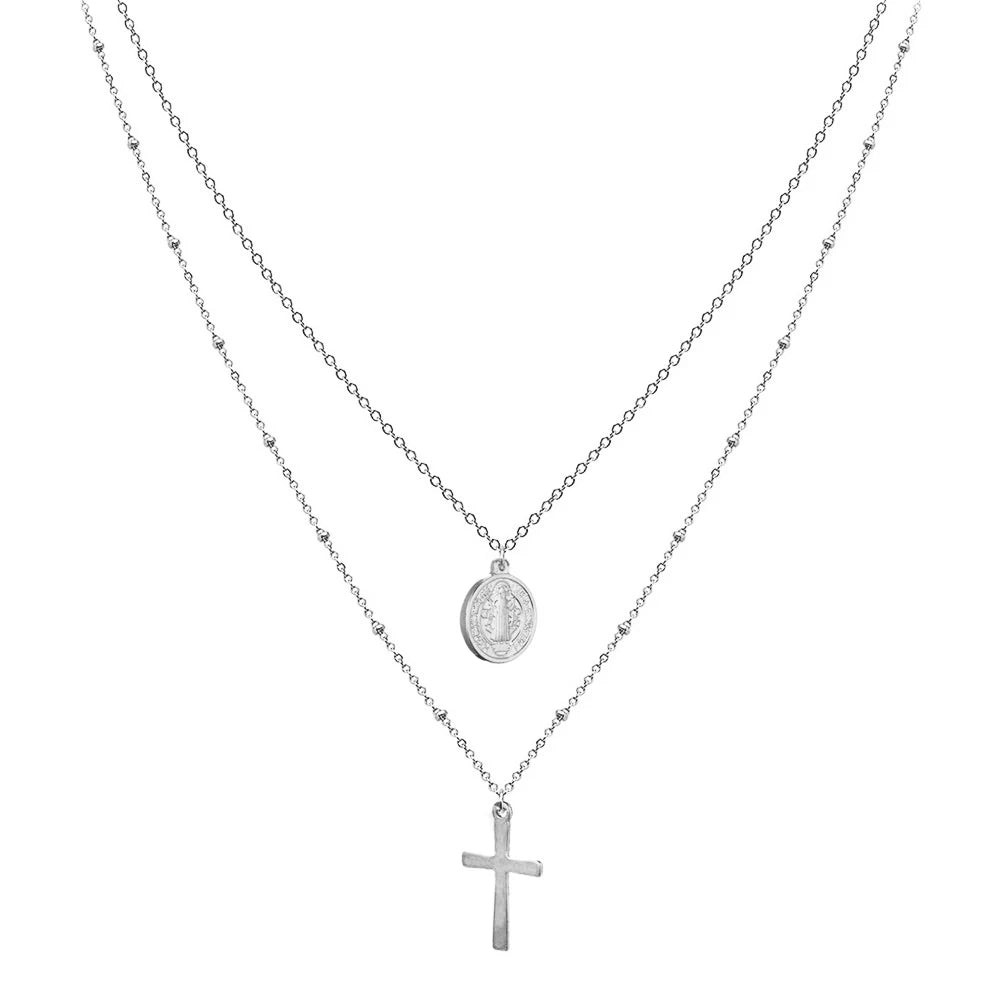 Layered Cross & Jesus Pendant Choker (Stainless Steel)