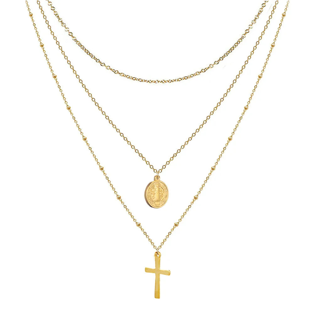 Layered Cross & Jesus Pendant Choker (Stainless Steel)
