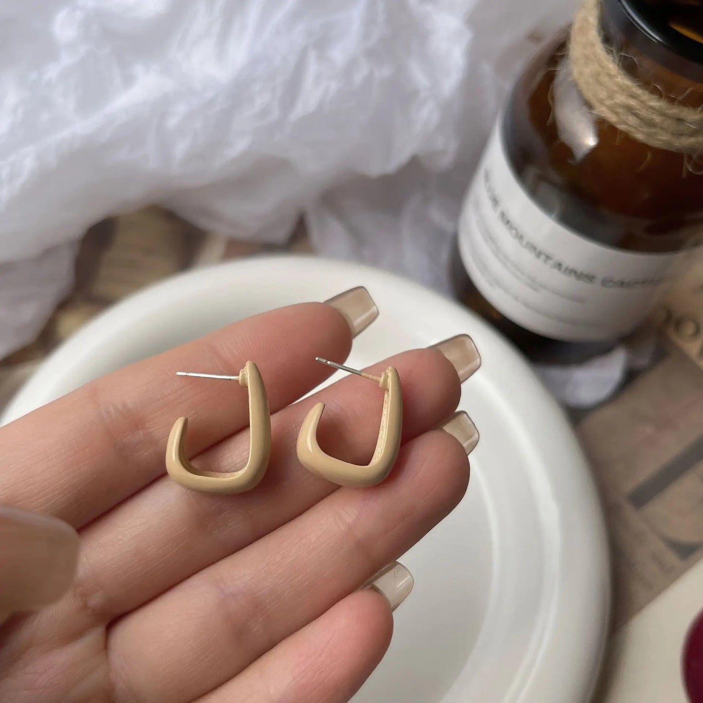 Brown & Beige Enamel C-Hoop Earrings