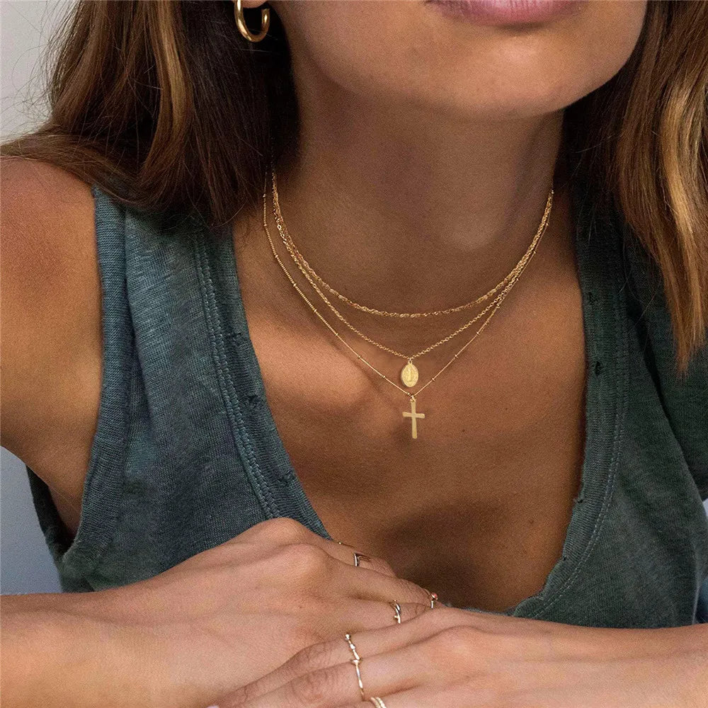 Layered Cross & Jesus Pendant Choker (Stainless Steel)