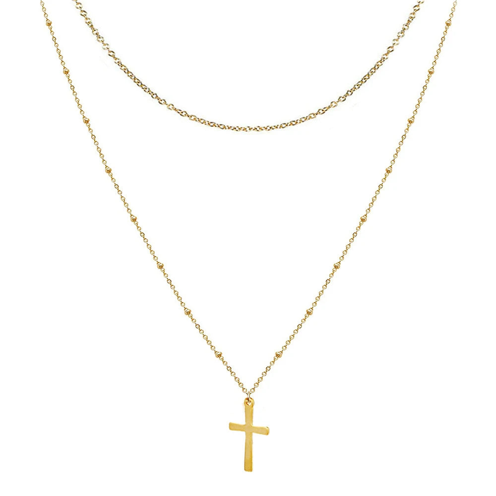 Layered Cross & Jesus Pendant Choker (Stainless Steel)