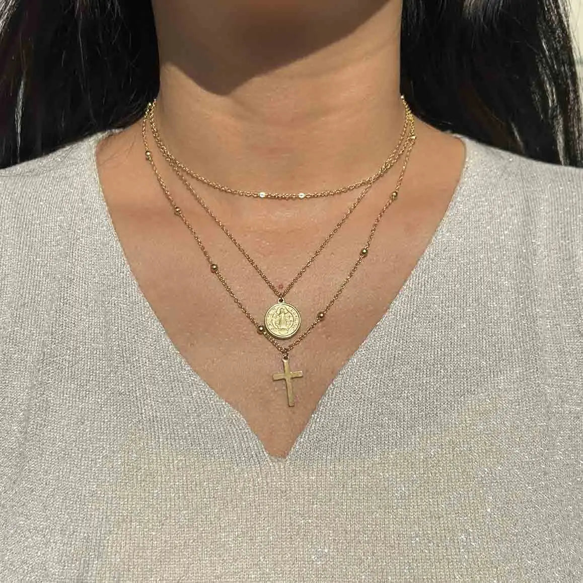 Layered Cross & Jesus Pendant Choker (Stainless Steel)