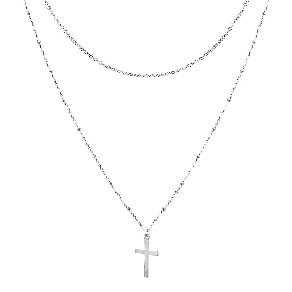 Layered Cross & Jesus Pendant Choker (Stainless Steel)