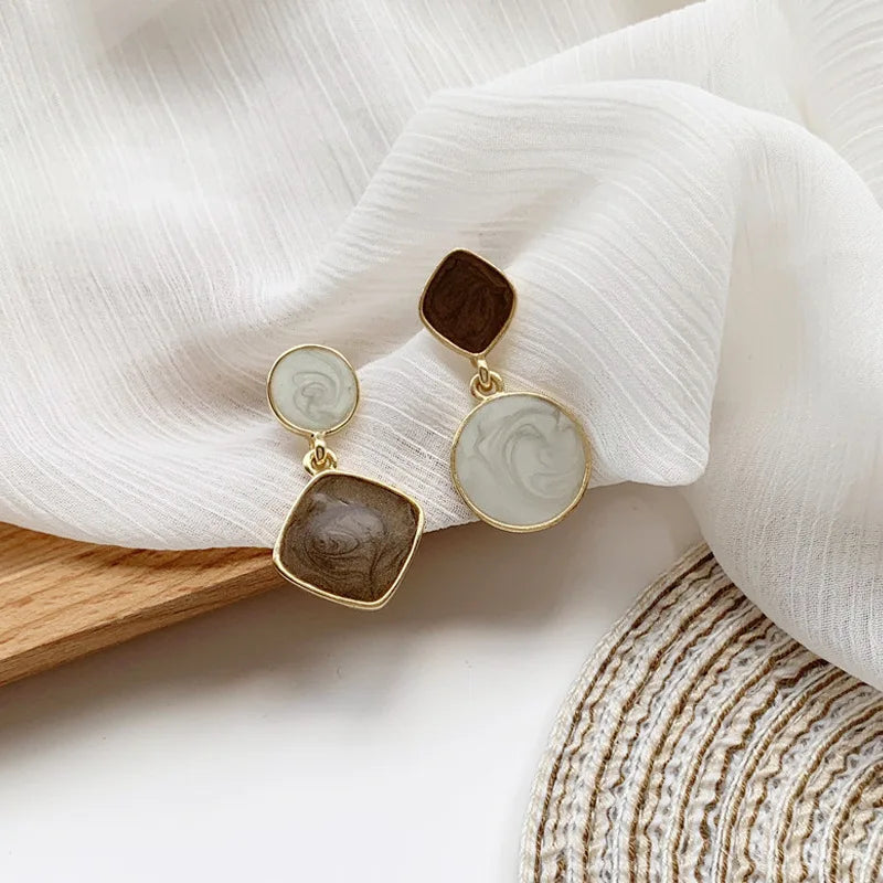 Asymmetric Square & Round Drop Earrings