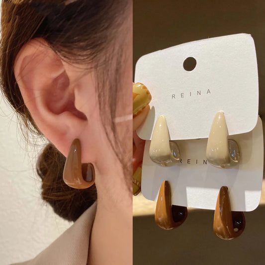 Brown & Beige Enamel C-Hoop Earrings