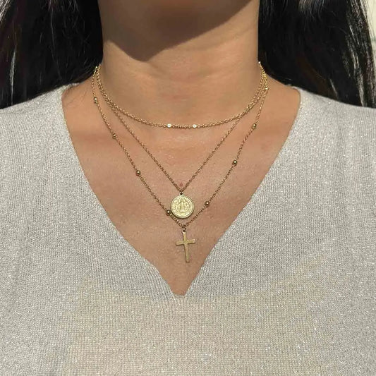Layered Cross & Jesus Pendant Choker (Stainless Steel)